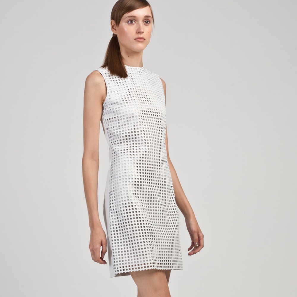 RAOUL perforated Genuine Leather white shift dress